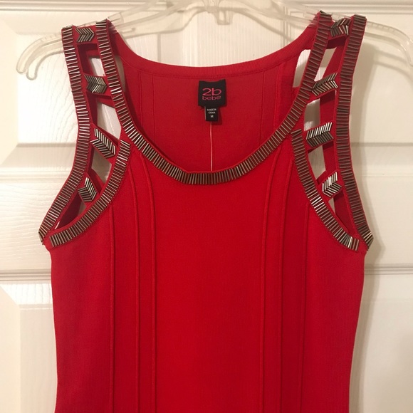 2 Bebe New Gorgeous Red Knit Dress with Cut-Out around Neckline w/ Jet Beading - Picture 6 of 9
